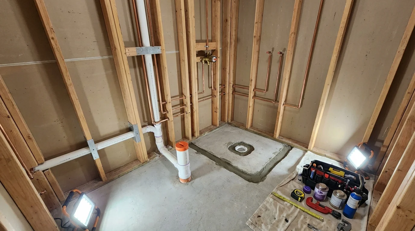 Bathroom rough-in plumbing during remodel by Johns Plumbing LLC in Shelburn