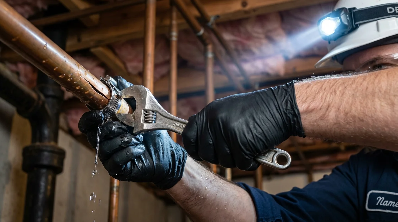 Emergency pipe clamp repair being performed by a Johns Plumbing LLC plumber in Shelburn