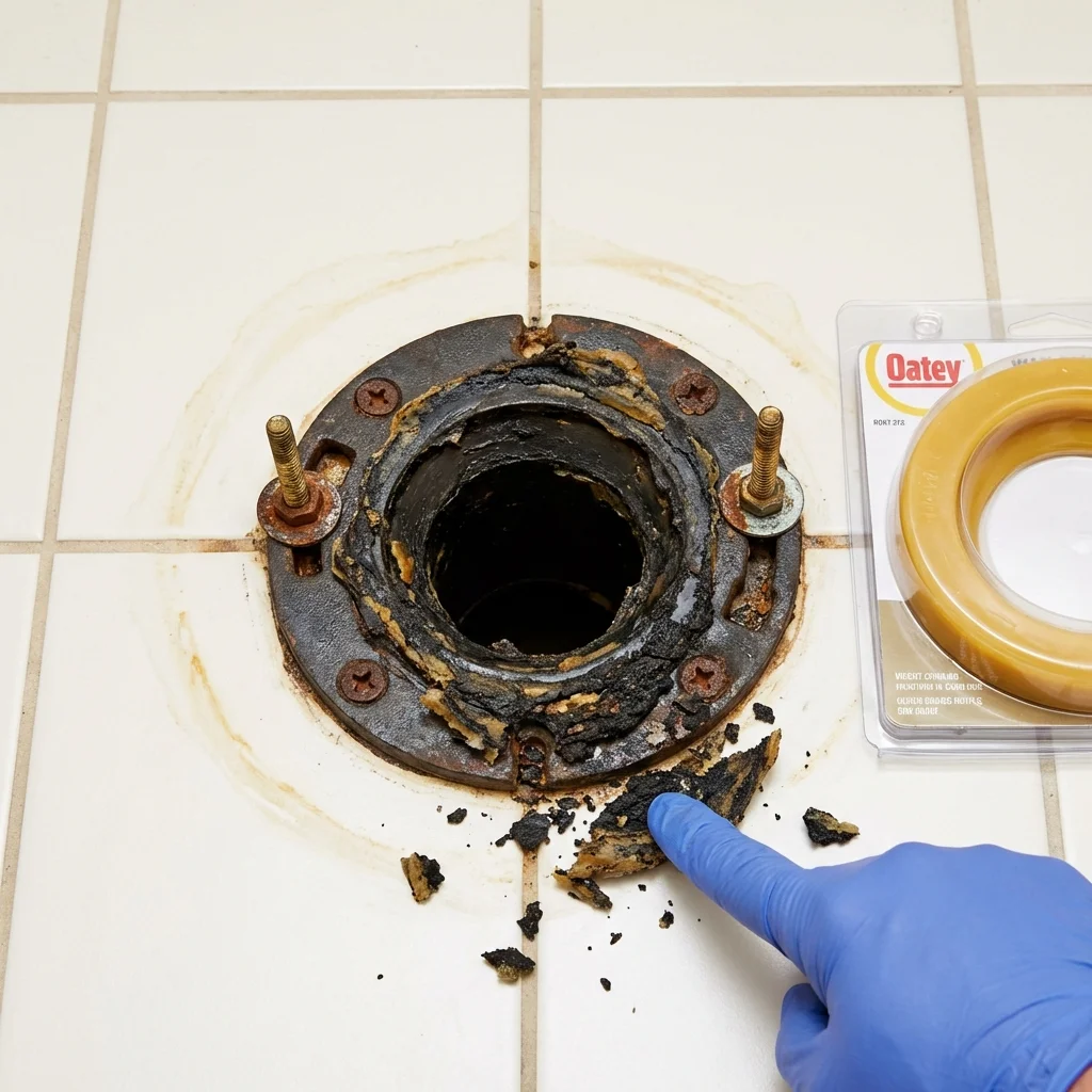 Failed wax ring showing water seepage at the base of a toilet in a Shelburn, IN home