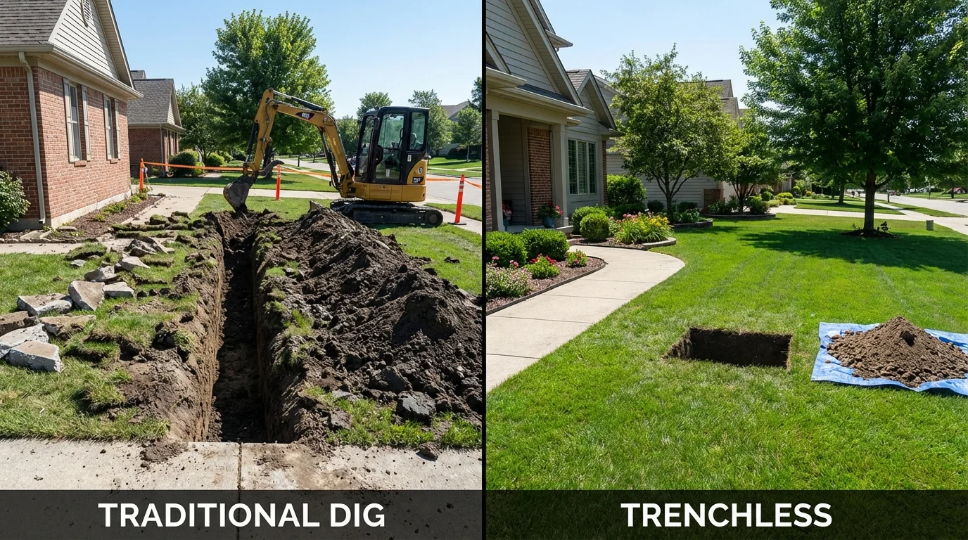 Trenchless sewer repair with minimal yard damage versus traditional excavation in Shelburn, IN