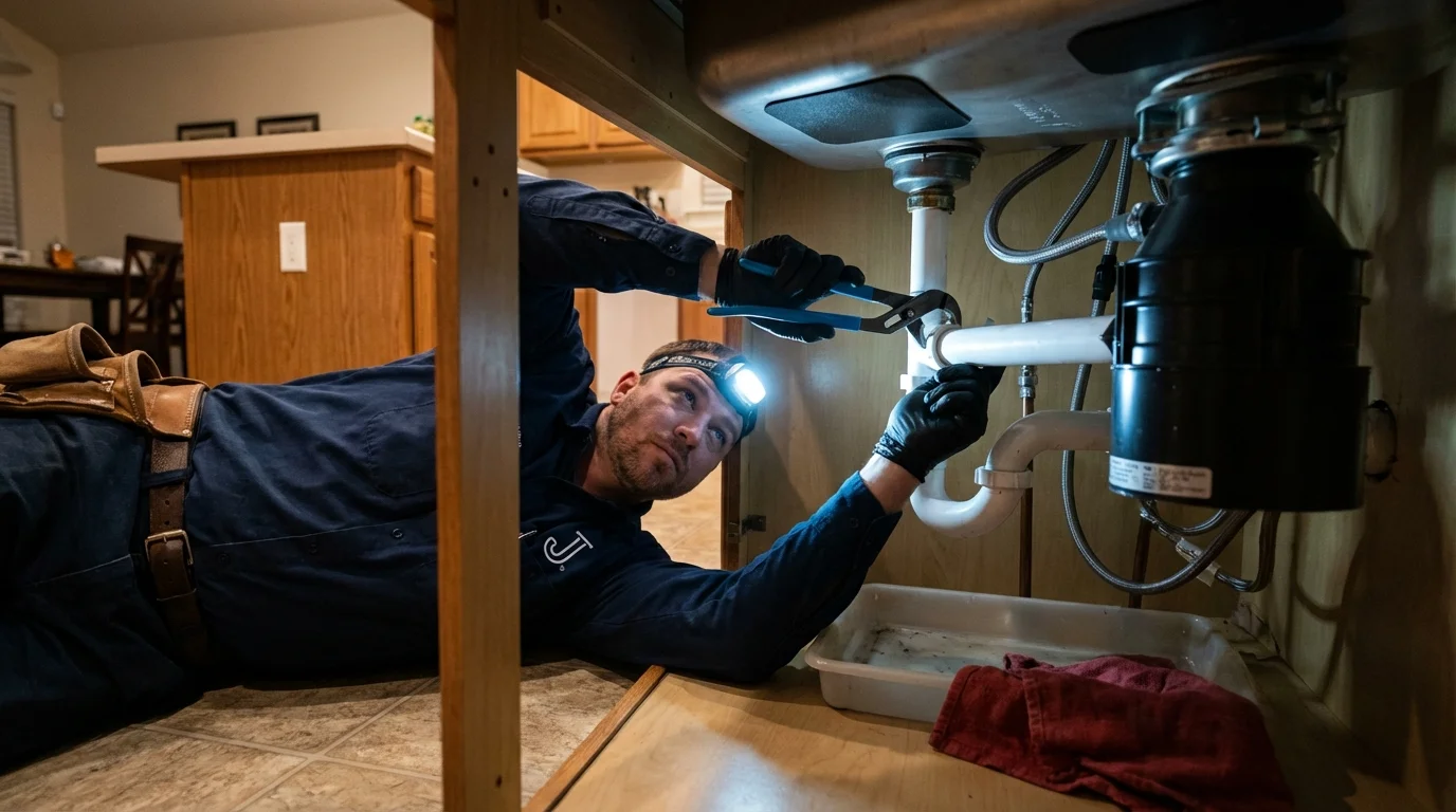 P-trap and supply line connections under a kitchen sink showing a common leak point in Shelburn, IN